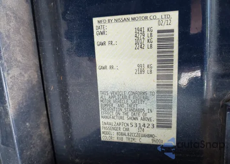 2012 Nissan Altima 2.5 S z USA, uszkodzony, nr VIN 1N4AL2AP7CN531423